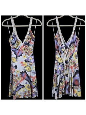 Y2K Iodice Womens Floral Braided Rope Straps Festival Fairy Boho Mini Dress S